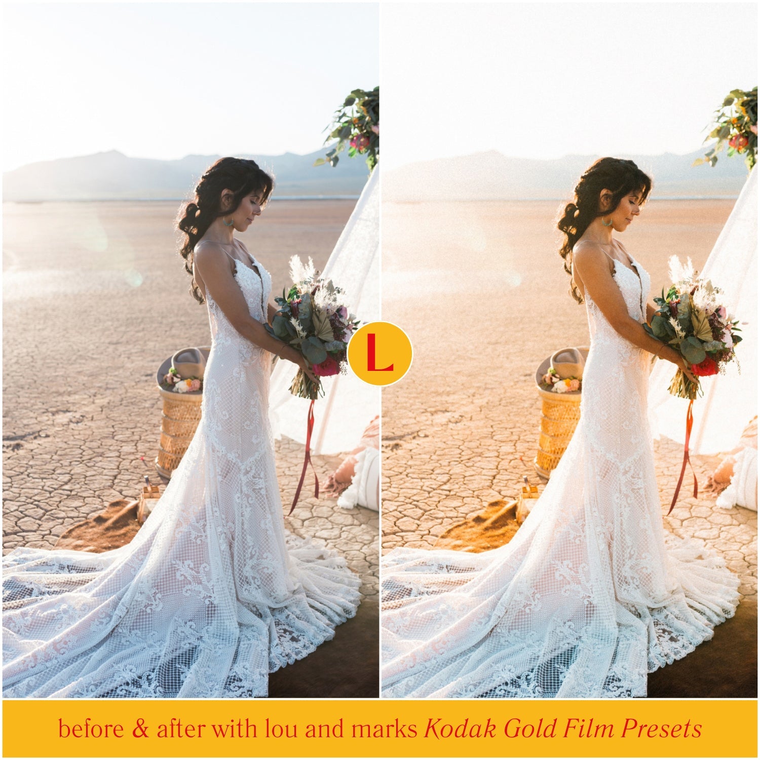 Kodak Gold Film Lightroom Presets for photographer photo editing and Instagram photo editing in Adobe Lightroom in one click for wedding portraits